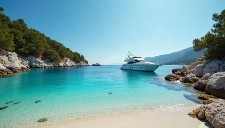White motor yacht anchored in a turquoise bay off a pine-covered Greek island