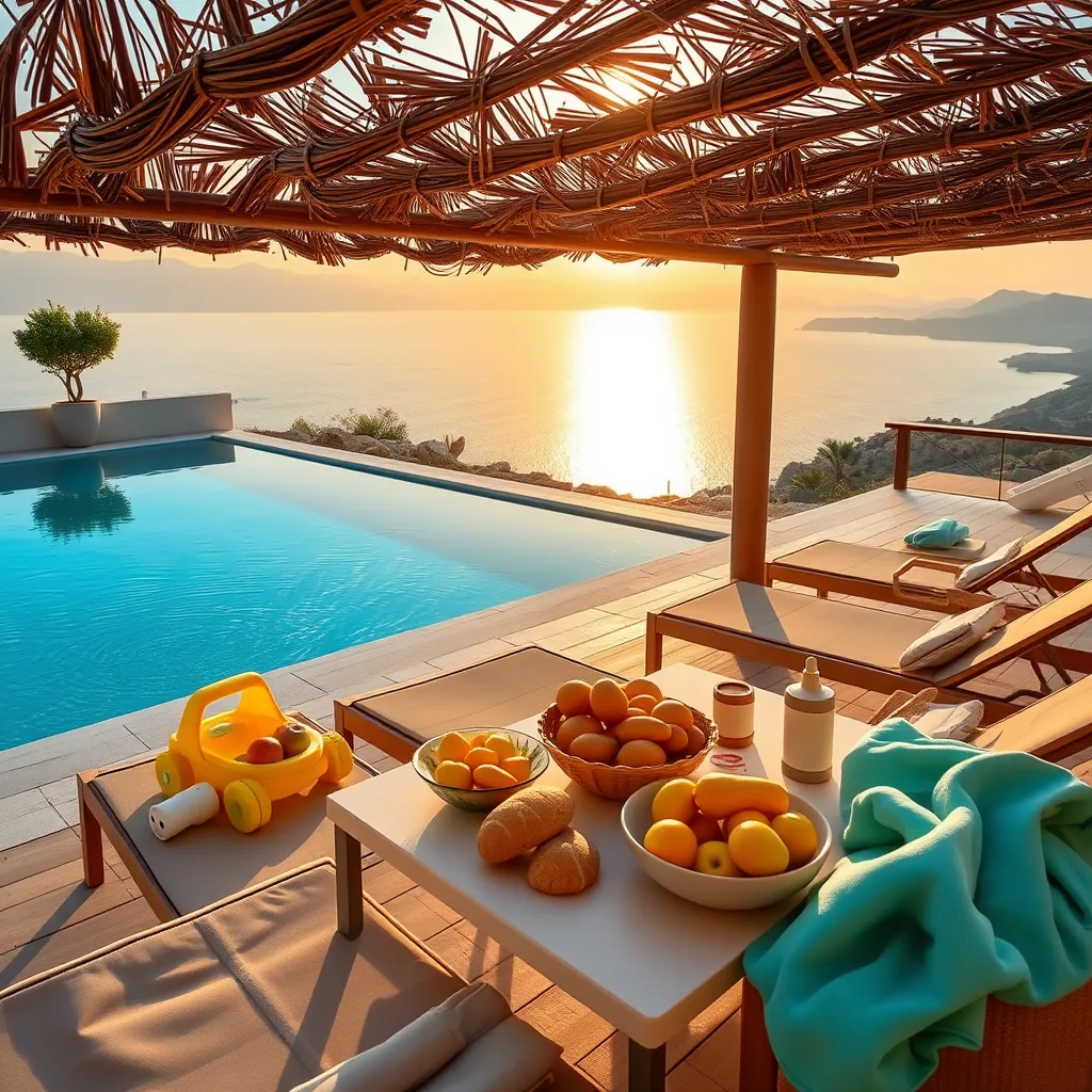 Family-friendly villa terrace with pool overlooking the sea near Chania