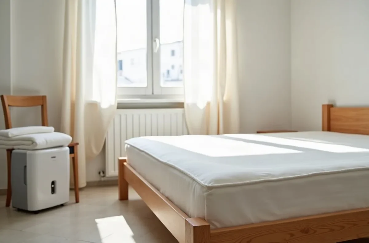 Στρώμα σε φωτεινό υπνοδωμάτιο με ανοιχτό παράθυρο, καθαρά σεντόνια και αφυγραντήρα