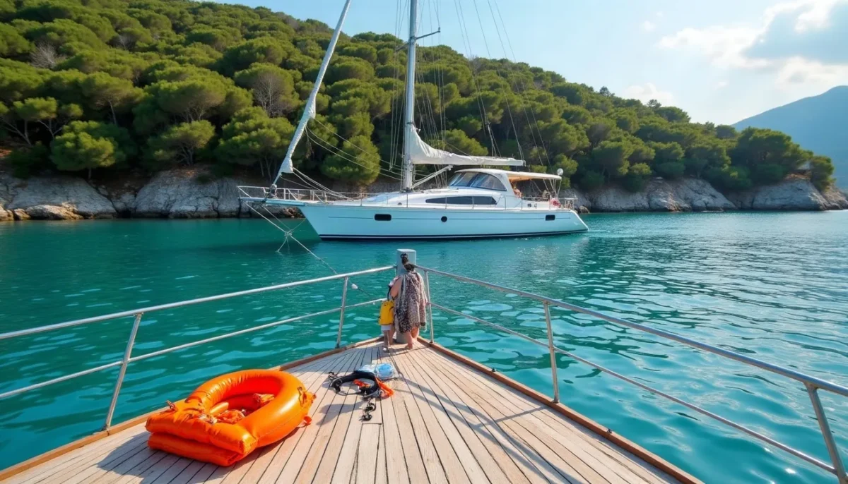 Sailing yacht at anchor in a turquoise, pine-fringed island bay with a child life jacket on deck